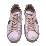 RET$320 DISTRESSED LEATHER SNEAKER SHOES WHITE TAUPE 39