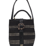 BRAHMIN WOVEN BUCKET SHOULDER HANDBAG BLACK BEIGE 9L x 10H x 5W