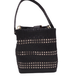 BRAHMIN WOVEN BUCKET SHOULDER HANDBAG BLACK BEIGE 9L x 10H x 5W