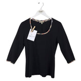 BURBERRY LONDON PLAID TRIM 3/4 SLEEVE LUXE TOP BLACK TAN LARGE