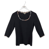 BURBERRY LONDON PLAID TRIM 3/4 SLEEVE LUXE TOP BLACK TAN LARGE