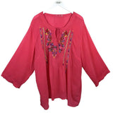 JOHNNY WAS EMBROIDERED LONG SLEEVE DESIGNER TOP RED MULTI 2X