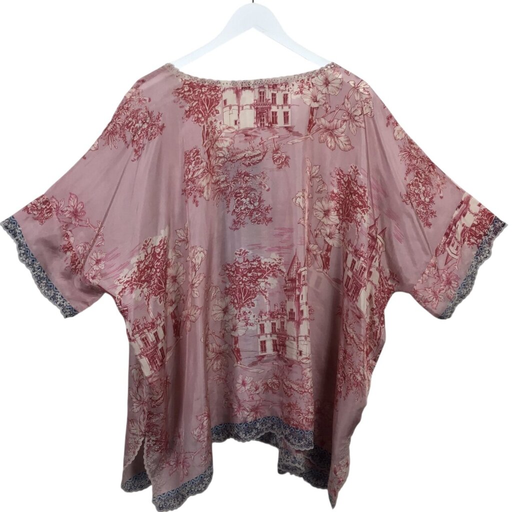 JOHNNY WAS SILK FLORAL SHORT SLEEVE DESIGNER TOP PINK RED 2X