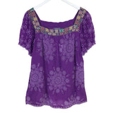 JOHNNY WAS EYELET SHORT SLEEVE DESIGNER TOP PURPLE MEDIUM