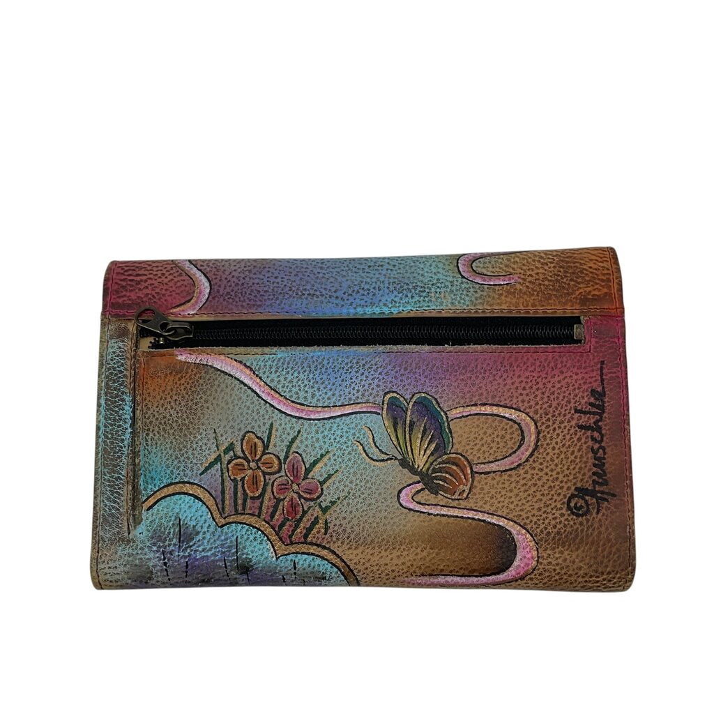 ANUSCHKA RET$70 TRIFOLD PAINTED BUTTERFLY FLORAL WALLET 7”x5”x0.5”