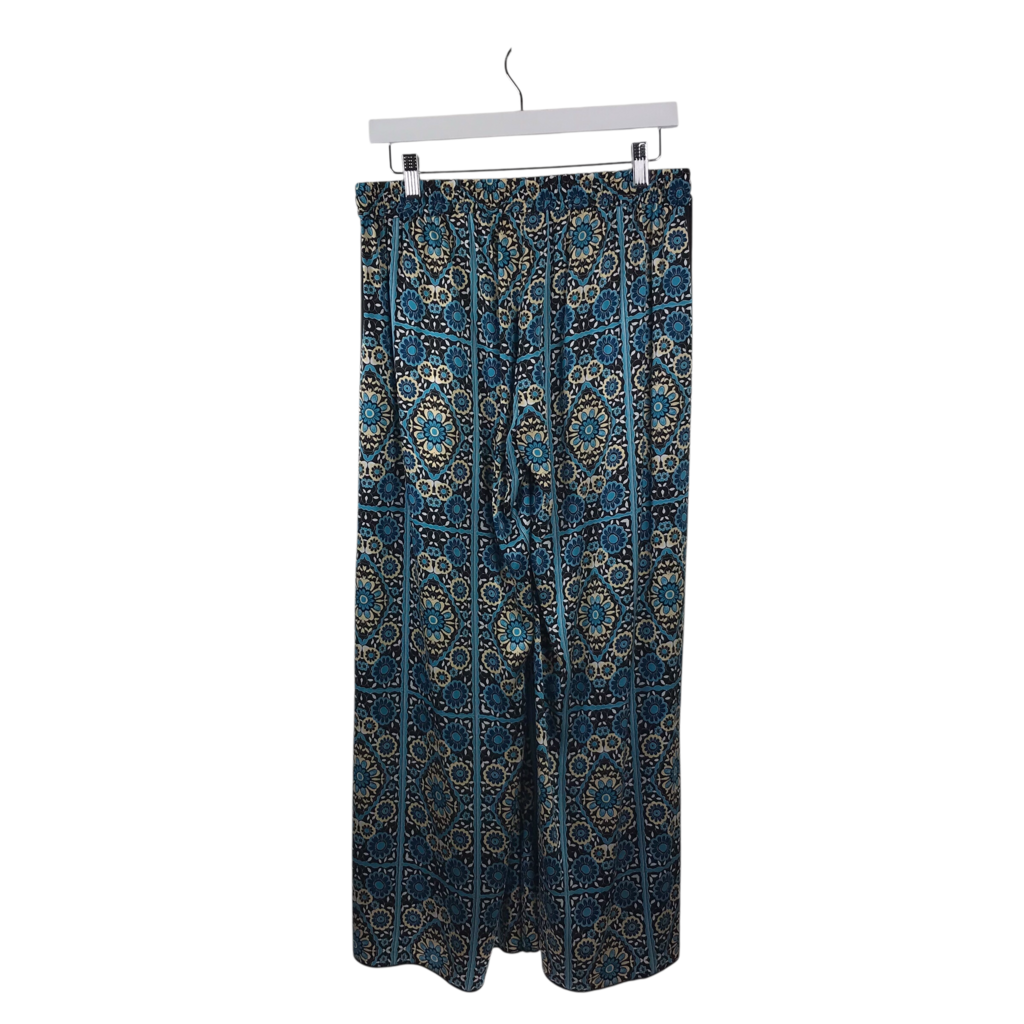 JOHNNY WAS NWT$375 SILK PRINT DESIGNER PANT BLUE TAN SMALL