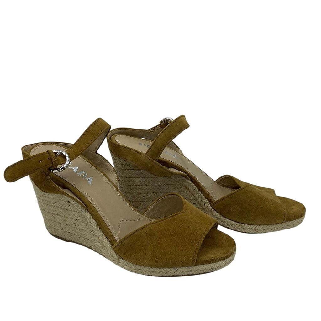PRADA SUEDE ESPADRILLE WEDGES LUXE SHOES GOLD 39.5