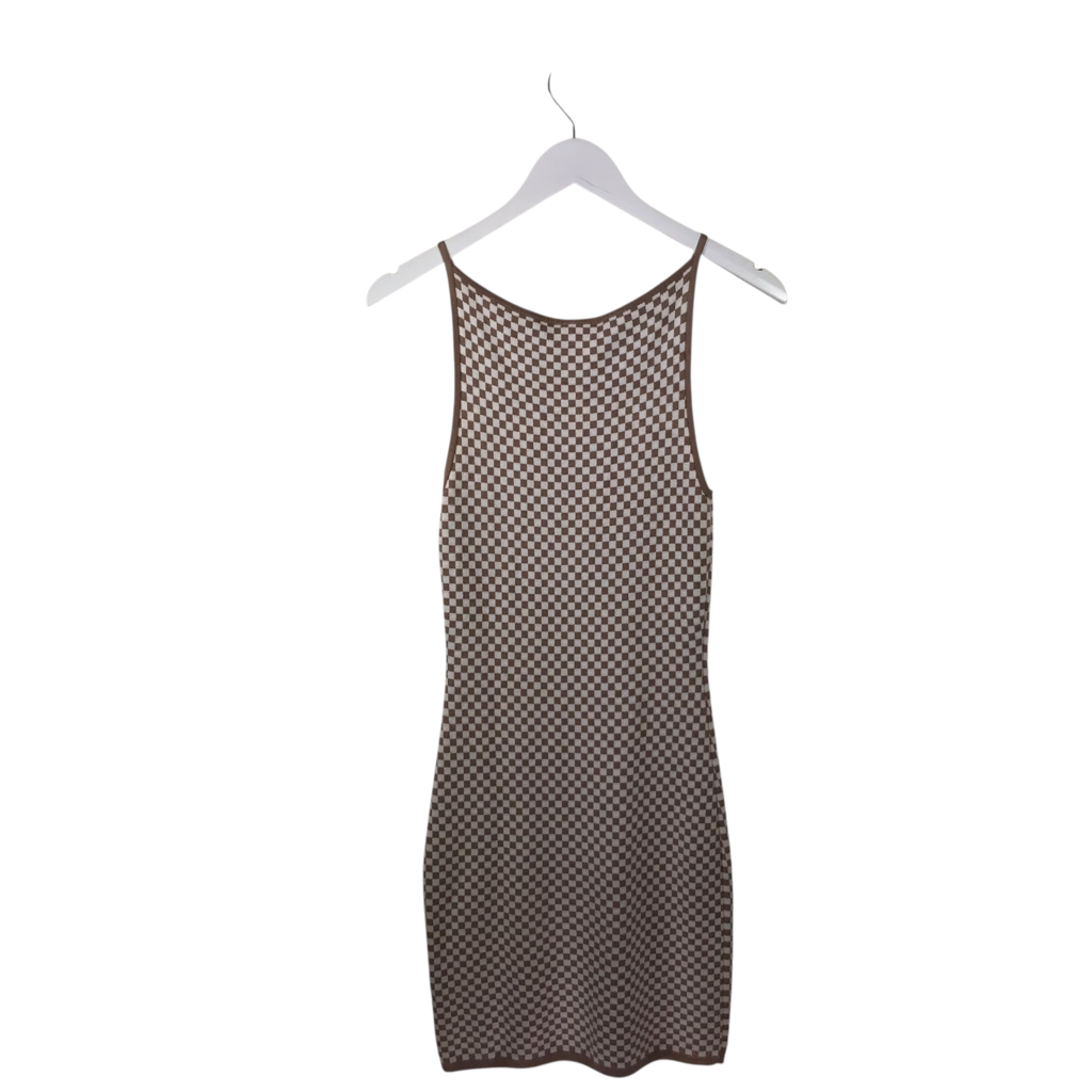 ABERCROMBIE & FITCH KNIT CHECKERED SLEEVELESS DRESS TAN WHITE SMALL