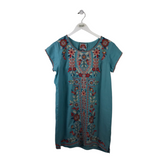 JOHNNY WAS EMBROIDERED SHORT SLEEVE DESIGNER DRESS AQUA ORANGE SMALL