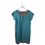 JOHNNY WAS EMBROIDERED SHORT SLEEVE DESIGNER DRESS AQUA ORANGE SMALL