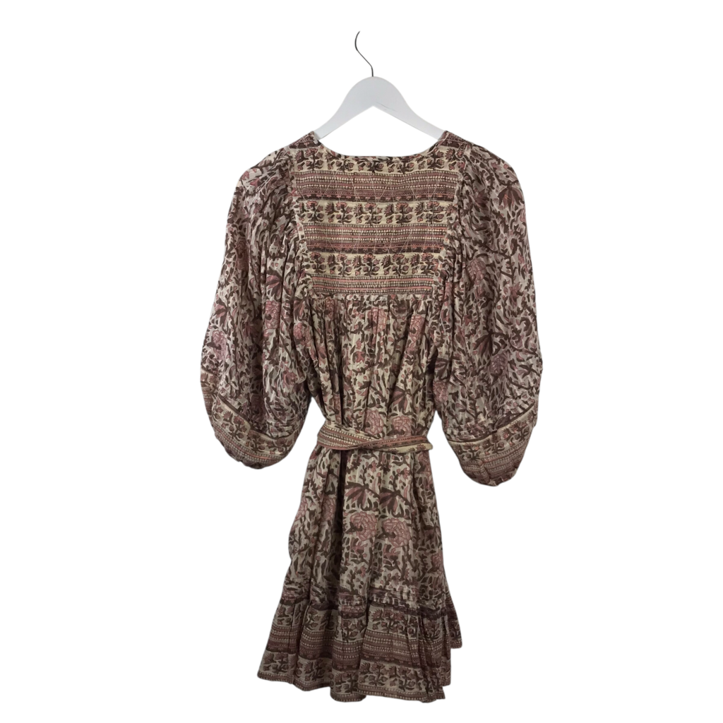 CLEOBELLA RET$238 FLORAL SHIMMER BALLOON SLEEVE DESIGNER DRESS CREAM BROWN XSMALL