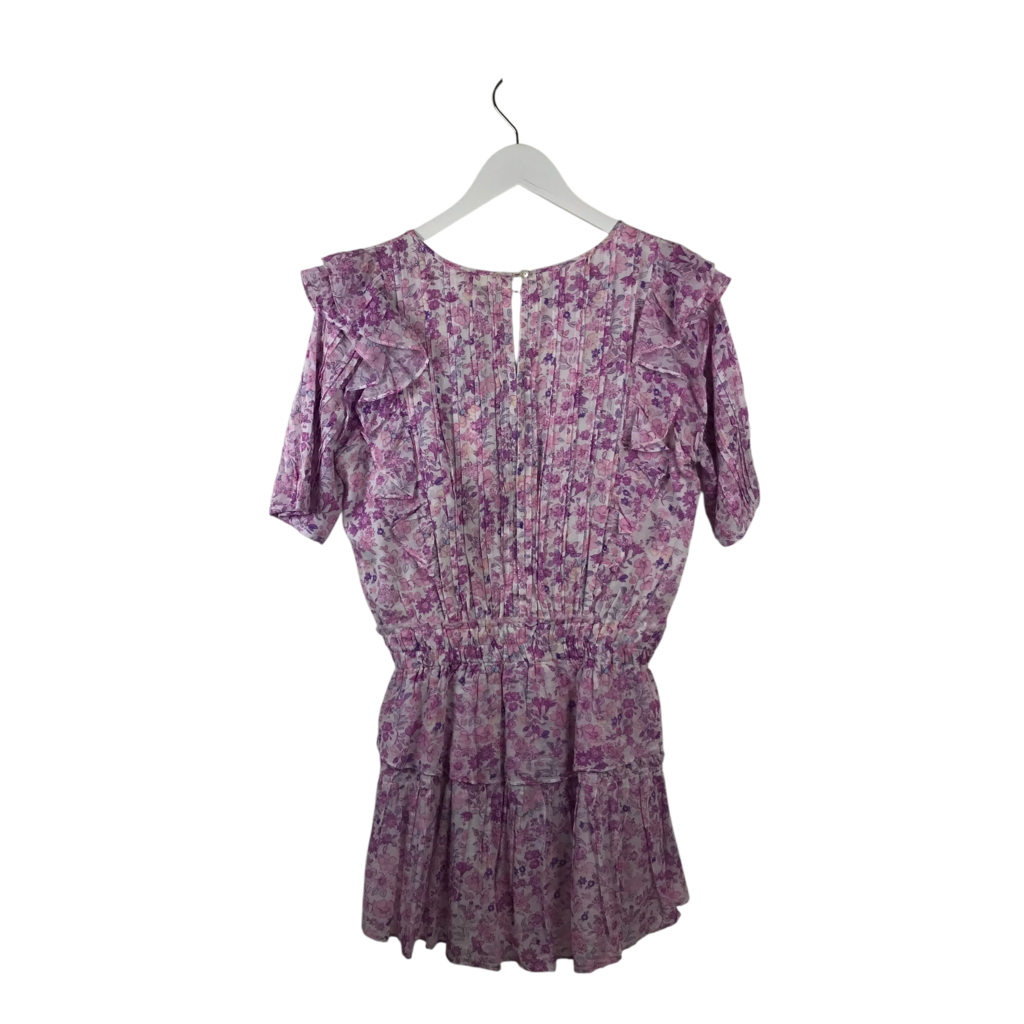 LOVESHACKFANCY NWT$345 FLORAL TIERED SHORT SLEEVE DESIGNER DRESS WHITE LILAC MEDIUM