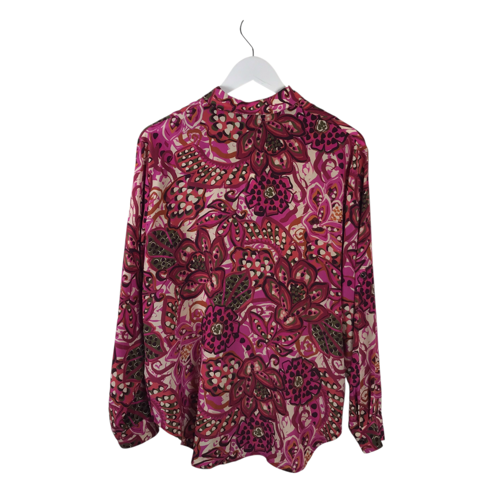 JOHNNY WAS SILK FLORAL LONG SLEEVE DESIGNER BLOUSE MAGENTA CREAM MEDIUM