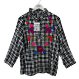 SISTER MARY PLAID EMBROIDERED LONG SLEEVE DESIGNER TOP BLACK MULTI MEDIUM