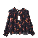 ULLA JOHNSON NWT$490 FLORAL LONG SLEEVE RUFFLE TRIM DESIGNER TOP BLACK RUST 12