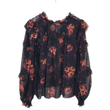 ULLA JOHNSON NWT$490 FLORAL LONG SLEEVE RUFFLE TRIM DESIGNER TOP BLACK RUST 12