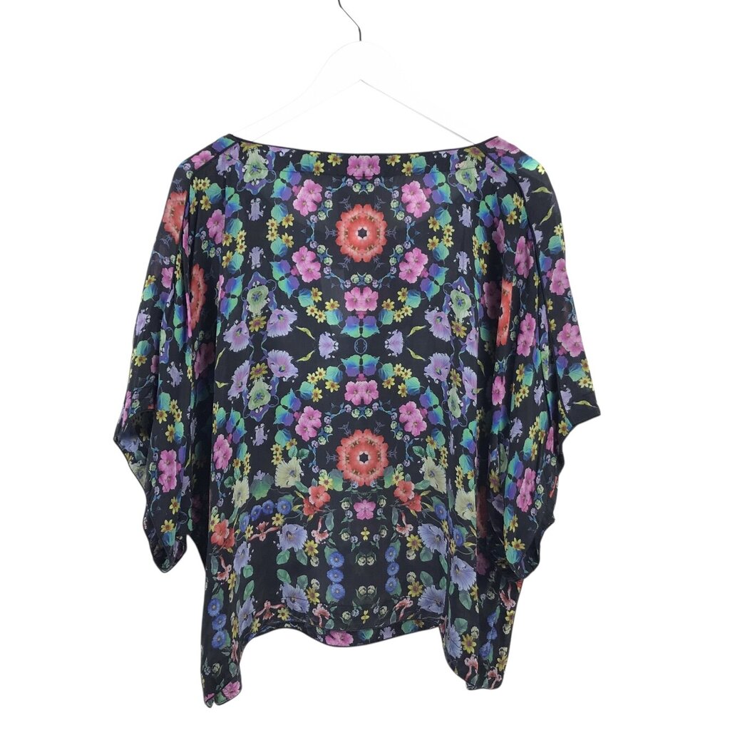 JOHNNY WAS SILK FLORAL FLARE SLEEVE DESIGNER TOP GREEN ORANGE LARGE