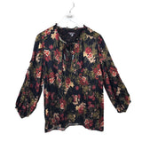 JOHNNY WAS SILK FLORAL LONG SLEEVE DESIGNER TOP BLACK MAROON SMALL