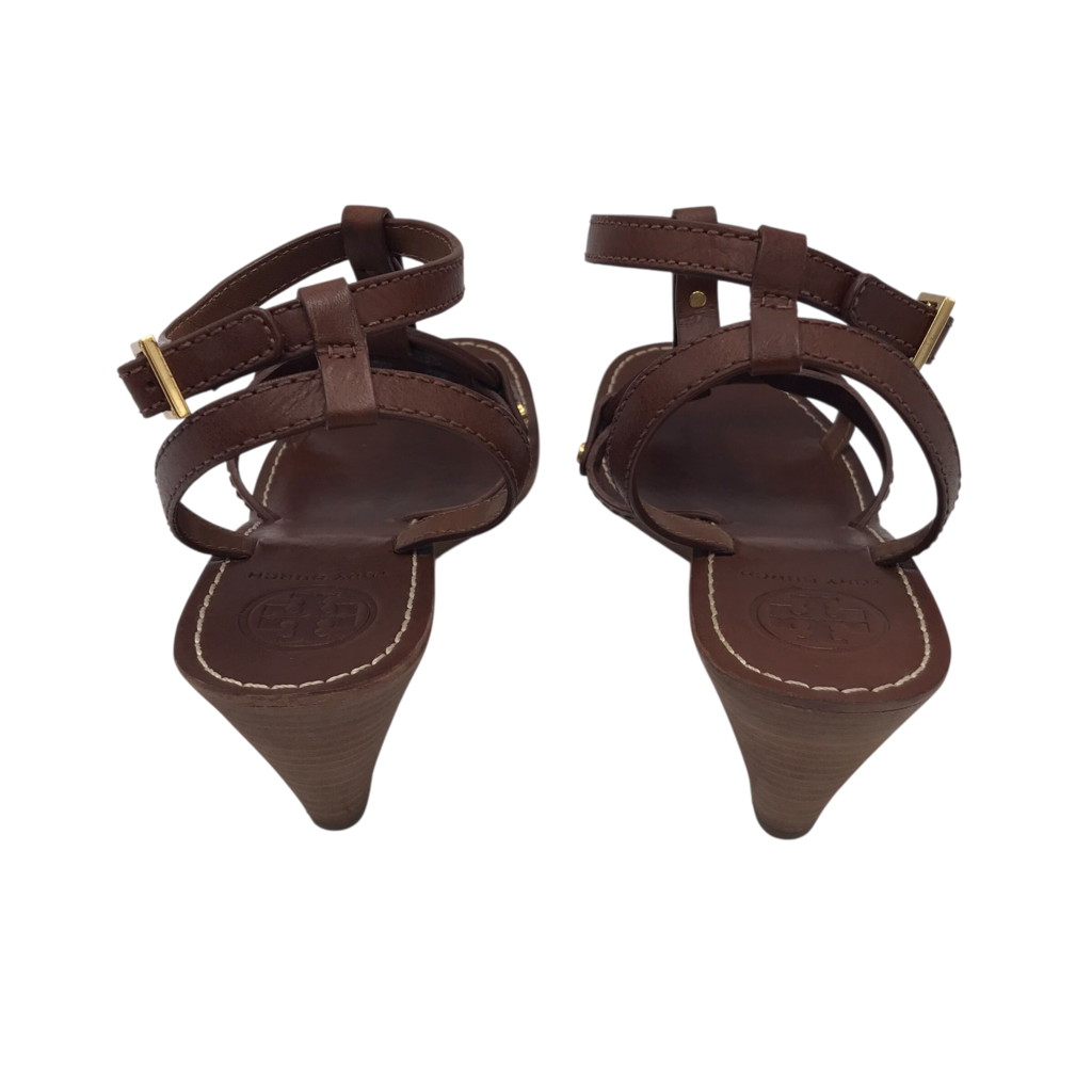 TORY BURCH LOGO WEDGE SANDAL DESIGNER SHOES BROWN 9