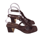 DELTAN BLOCK HEEL STRAPPY SANDAL SHOES BROWN 6.5M