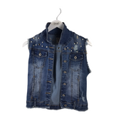 EMBELLISHED DENIM VEST BLUE SILVER MEDIUM