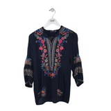 JOHNNY WAS EMBROIDERED 3/4 SLEEVE DESIGNER TOP NAVY PINK XSMALL