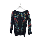 JOHNNY WAS EMBROIDERED LONG SLEEVE DESIGNER TOP BLACK BLUE XSMALL