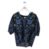 JOHNNY WAS NWT$255 FLORAL EMBROIDERED TRIM SHORT SLEEVE DESIGNER TOP NAVY BLUE LARGE