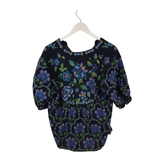 JOHNNY WAS NWT$255 FLORAL EMBROIDERED TRIM SHORT SLEEVE DESIGNER TOP NAVY BLUE LARGE