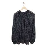 KOBI HALPERIN PRINT LONG SLEEVE DESIGNER BLOUSE NAVY BLACK LARGE