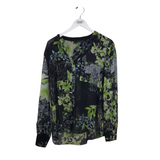 BCBGMAXAZRIA FLORAL LONG SLEEVE DESIGNER BLOUSE BLACK GREEN LARGE