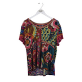 JOHNNY WAS FLORAL PRINT SHORT SLEEVE DESIGNER TOP CORAL BLUE BLUE XL