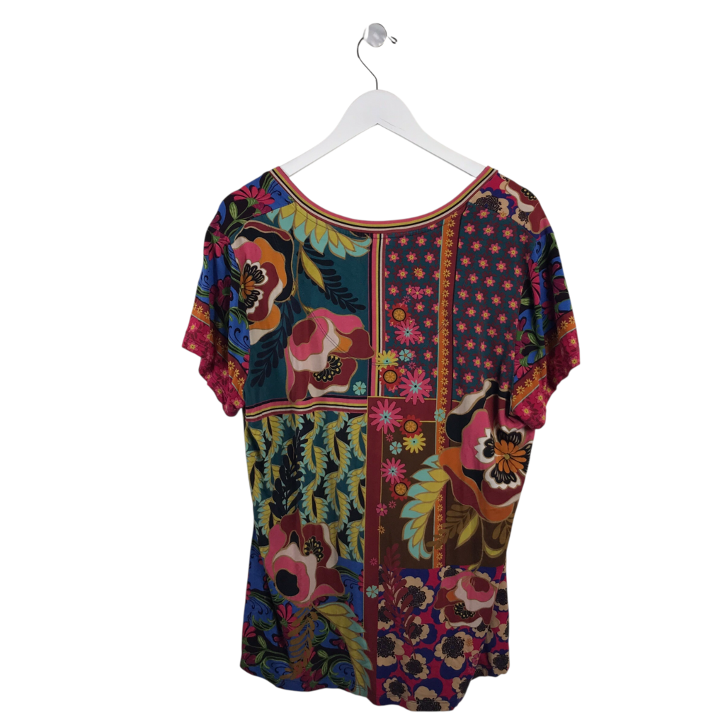 JOHNNY WAS FLORAL PRINT SHORT SLEEVE DESIGNER TOP CORAL BLUE BLUE XL