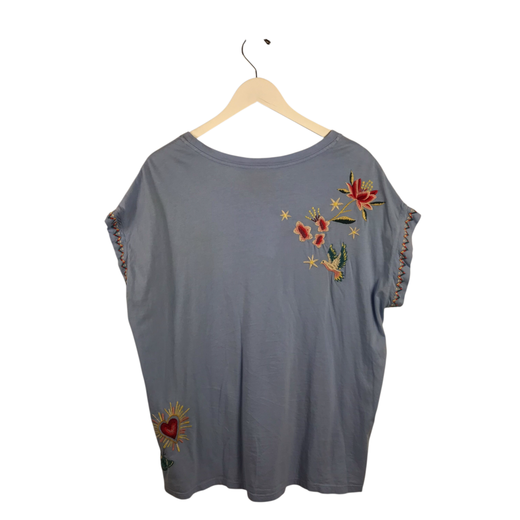 JOHNNY WAS EMBROIDERED TEE DESIGNER TOP BLUE RED XL