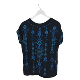 JOHNNY WAS EMBROIDERED TEE DESIGNER TOP BLACK BLUE MEDIUM