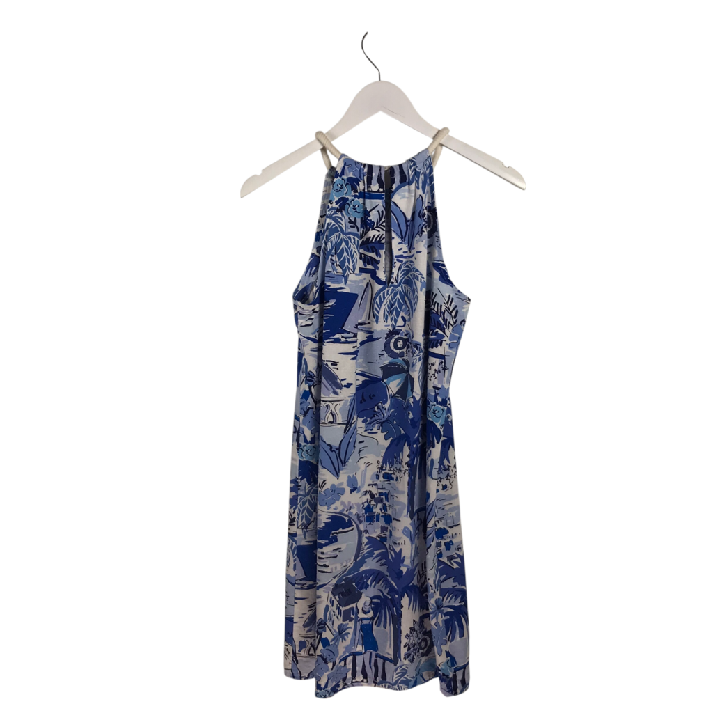 LONDON TIMES LINEN HALTR MINI DRESS BLUE WHITE 6