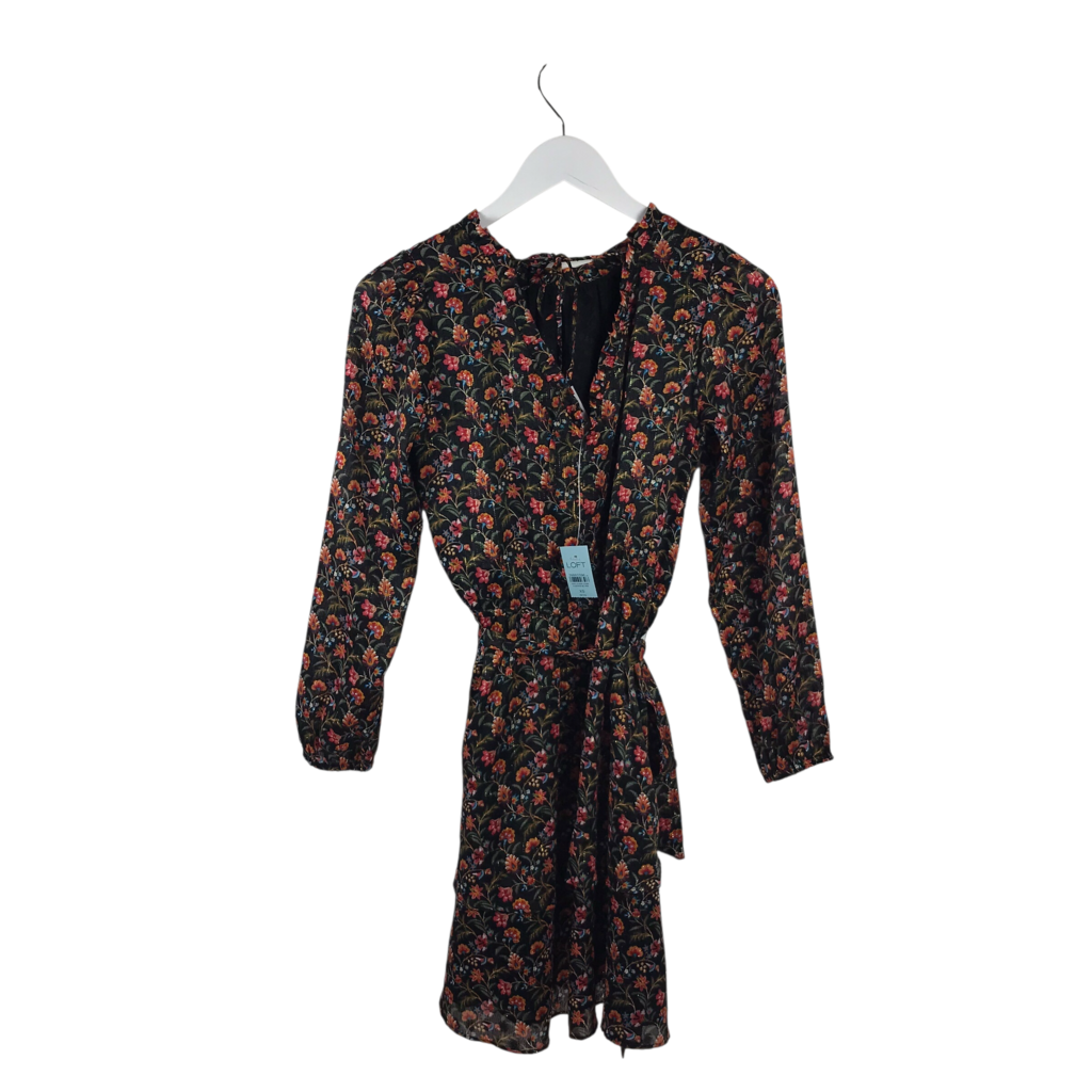 LOFT NWT SHIMMER FLORAL LONG SLEEVE DRESS BLACK RED SMALL P