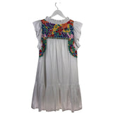 J MARIE EMBROIDERED FLUTTER SLEEVE DESIGNER DRESS WHITE MULTI MEDIUM