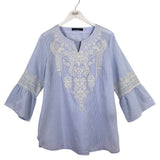 CALESSA EMBROIDERED BELL SLEEVE TOP BLUE WHITE MEDIUM
