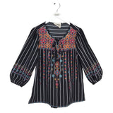 SAVANNA JANE EMBROIDERED STRIPE 3/4 SLEEVE TOP BLACK MULTI MEDIUM
