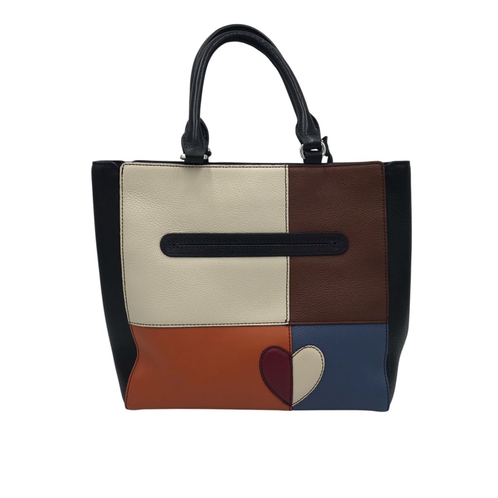 BRIGHTON RET$555 LEATHER PATCHWORK LOVE HANDBAG BLACK MULTI