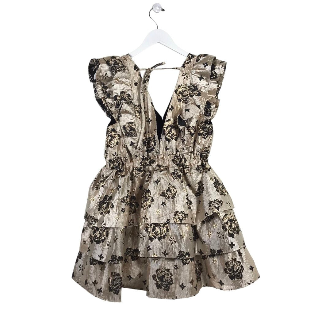 BUDDY LOVE RET$125 METALLIC BROCADE TIERED RUFFLE SLEEVE DRESS COLD BLAZK LARGE
