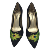 J. RENEE EMBROIDERED PEACOCK PUMP SHOES BLACK GREEN 7M