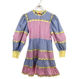 CELIA B RET$278 STRIPE SCALLOP TRIM LONG SLEEVE DESIGNER DRESS PINK BLUE MEDIUM