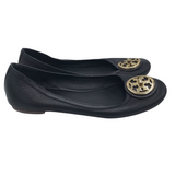 TORY BURCH LEATHER TURNLOCK LOGO BALLET FLAT SHOES BLACK GOLD 7.5M