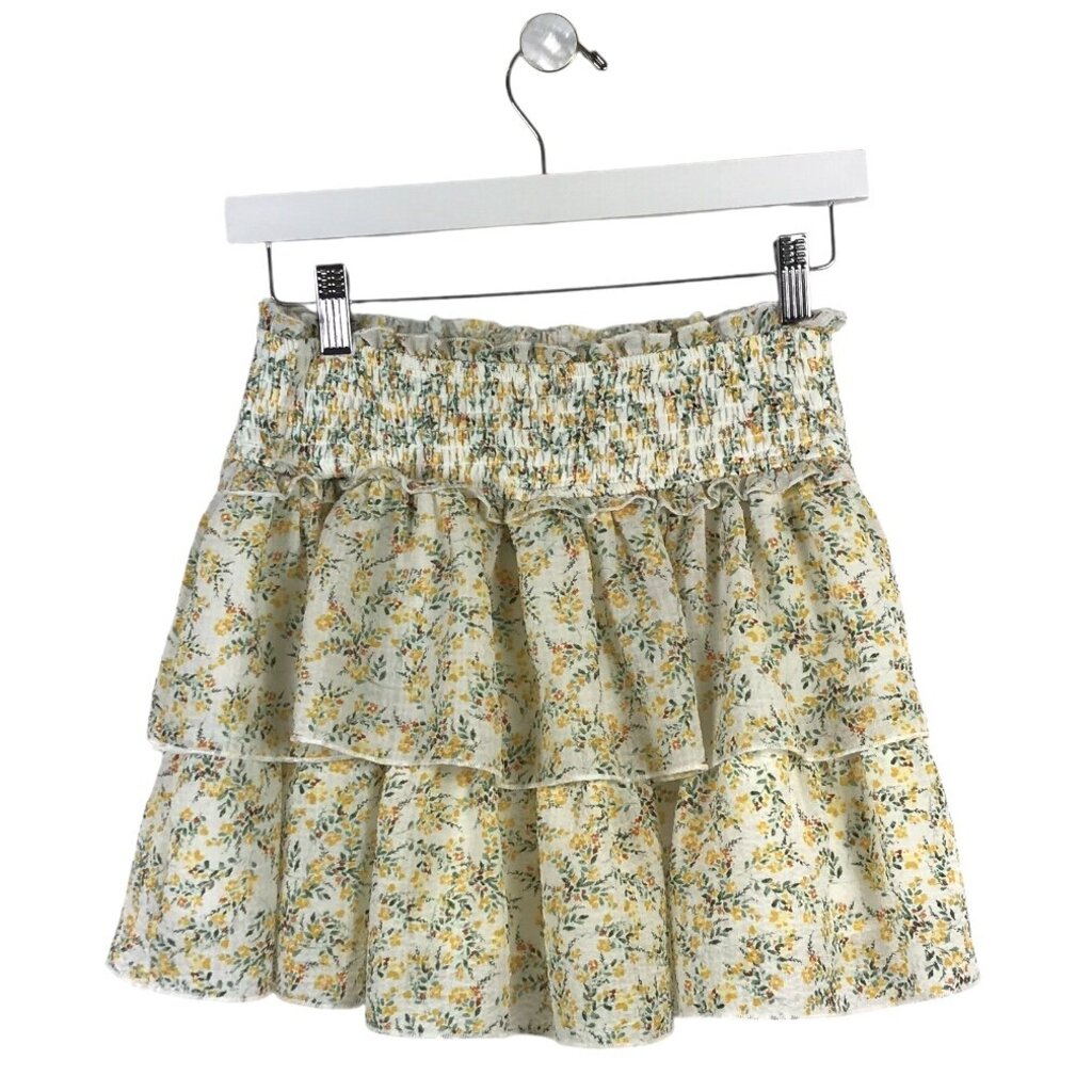 FRANCESCA'S FLORAL RUFFLE SKIRT WHITE YELLOW MEDIUM
