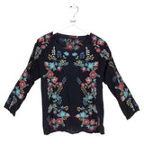 JOHNNY WAS EMBROIDERED LONG SLEEVE DESIGNER TOP BLACK MULTI PXS