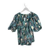 TYLER BOE FAUX SUEDE PUFF SLEEVE DESIGNER TOP TURQUOISE GREY MEDIUM