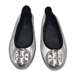 TORY BURCH LOGO FLAT METALLIC DESIGNER SHOES SILVER 6M