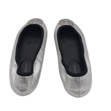 TORY BURCH LOGO FLAT METALLIC DESIGNER SHOES SILVER 6M